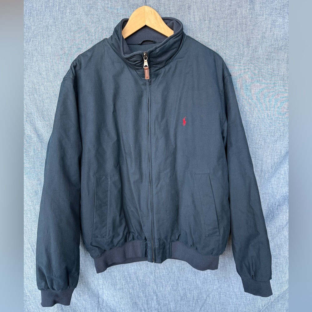 Vintage Mens Polo Ralph Lauren Bomber Full-Zip Jacket, Navy Red Pony, Sz Large